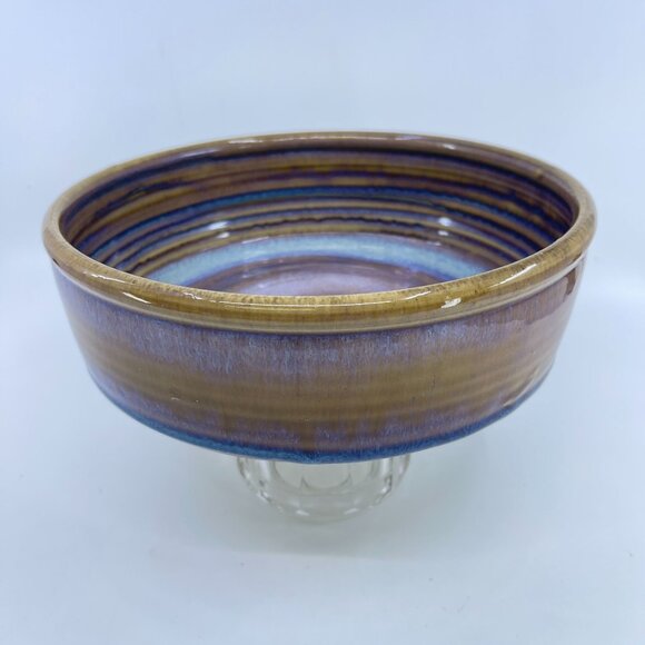 handcrafted studio art pottery ceramic bowl with swirl glaze design 8 5/8" - Picture 2 of 7
